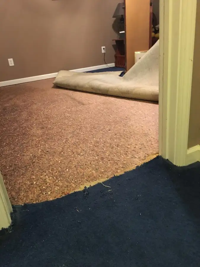 Carpet pad removal revealing water damage during Water Mitigation Services in Bayou Blue